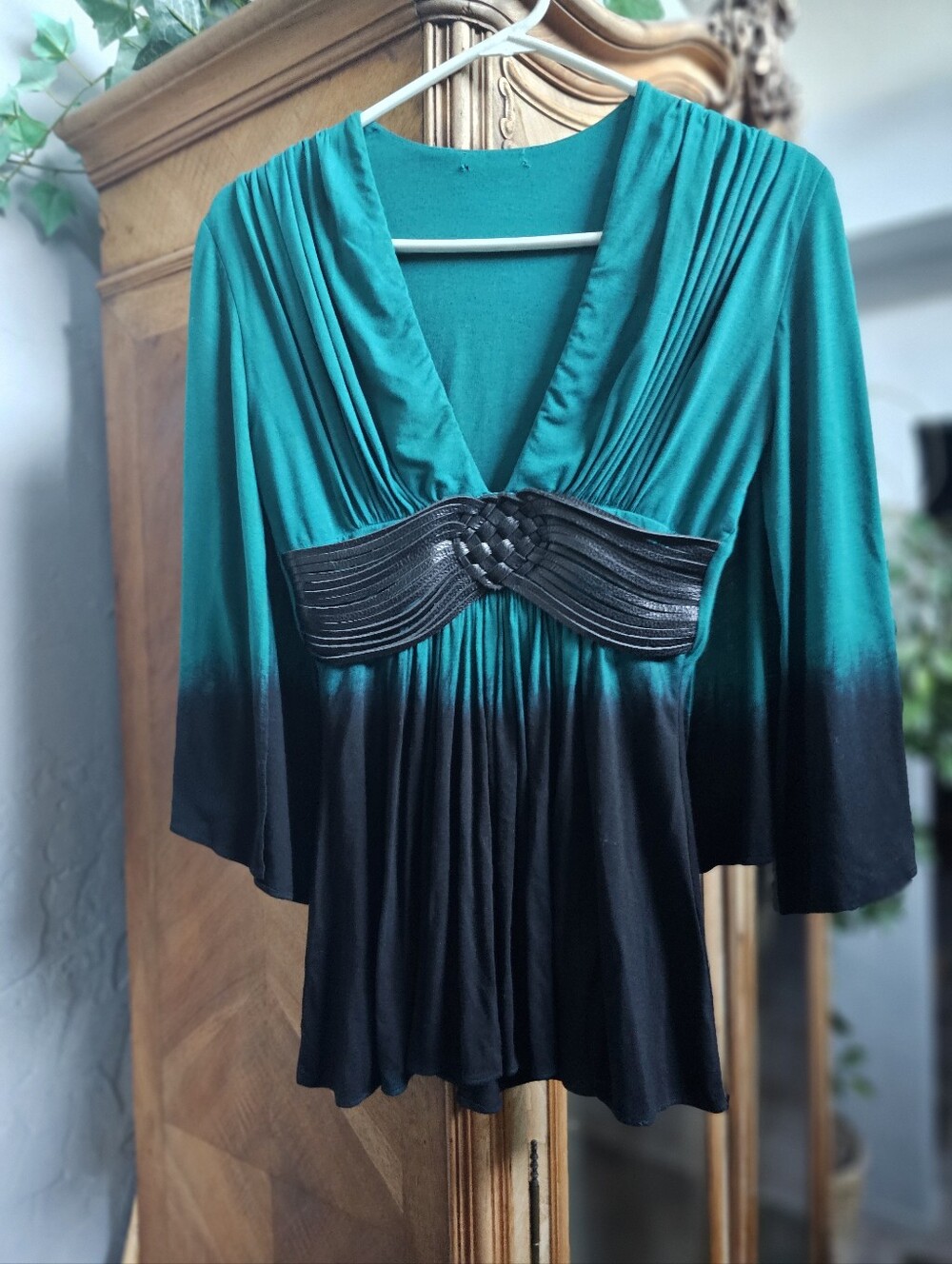 Sky Top Ombre Teal and Black V-Neck Women's Top with Braided Waist